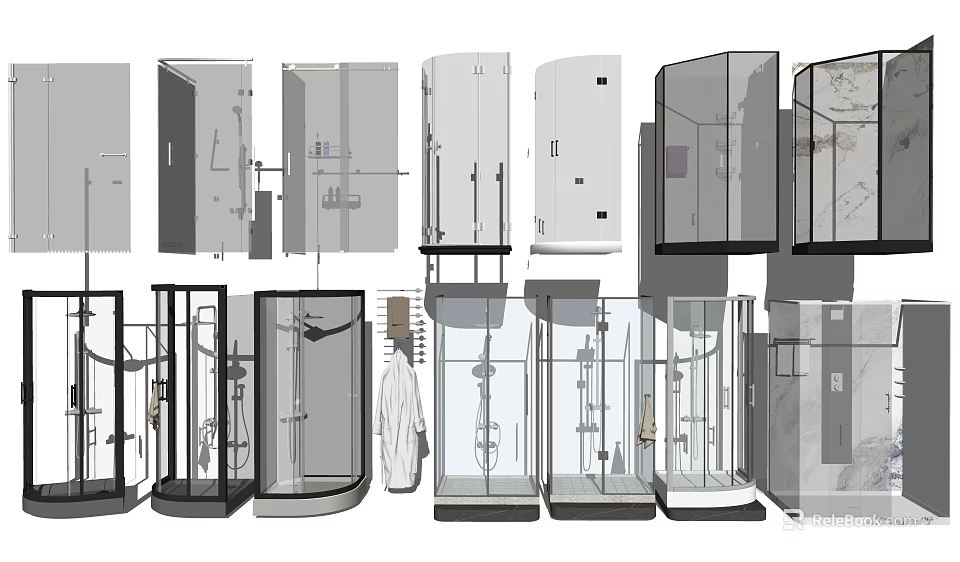 Various Modern Shower Head Designs With Glass Enclosures And Chrome Fixtures 3d model 