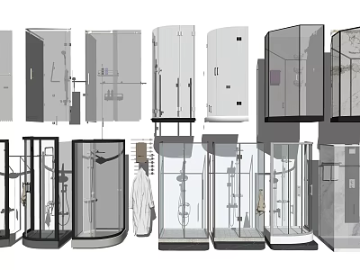 Various Modern Shower Head Designs With Glass Enclosures And Chrome Fixtures 3d model