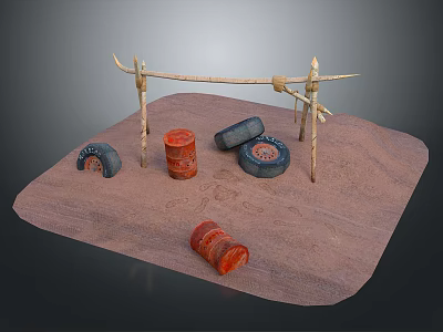 Outdoor Desert Camp Structure With Branch Frame Red Drums And Black Tires On Sandy Ground 3d model