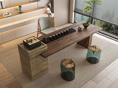 Natural Wooden Tea Table And Chairs With Stump Stools Tea Set And Green Plant 3d model