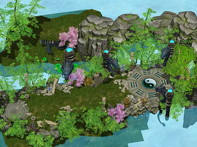 Scenic Landscape With Bamboo Pink Flowers Rocks Water And Yin Yang Symbol 3d model