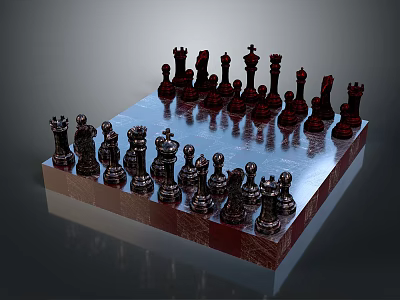 Elegant Chess Set with Black and Silver Pieces Arranged on Glossy Chessboard 3d model