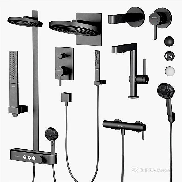 Modern Black Shower System with Rain Shower Head Handheld Sprayer and Control Knobs 3d model 