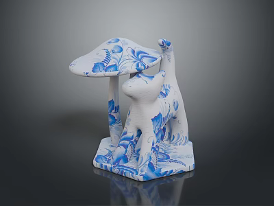 Ceramic Decorative Table With Mushroom Shape Blue White Floral Pattern And Cat Figure 3d model
