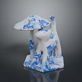 Ceramic Decorative Table With Mushroom Shape Blue White Floral Pattern And Cat Figure 3d model