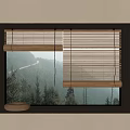 Natural Bamboo Blinds For Window With Woven Basket And Mountain View