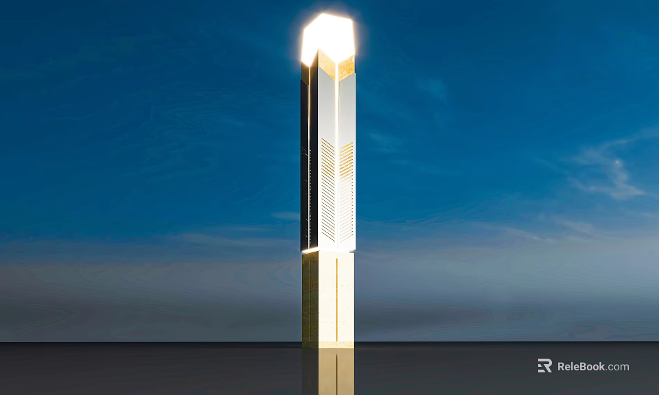 Modern Illuminated Light Pole With Blue Sky Background And Ground Reflection 3d model 