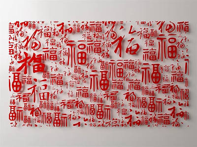 Red Chinese Calligraphy Wall Decor With Fu Characters And Intricate Carved Patterns 3d model
