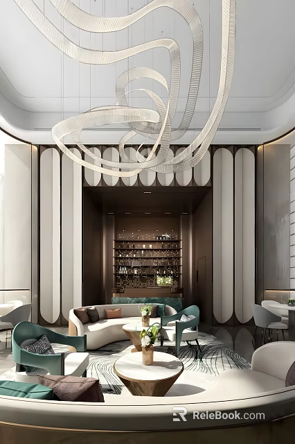 Modern Luxury Sales Office Interior With Chandelier Bookshelf Sofa And Green Plants 3d model 