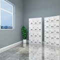 White Filing Cabinets with Glass Doors Files Green Plants Gray Walls Window and Marble Floor