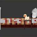 Children's Bed With White Metal Frame Red White Checkered Bedspread Small Chair And Toy Duck