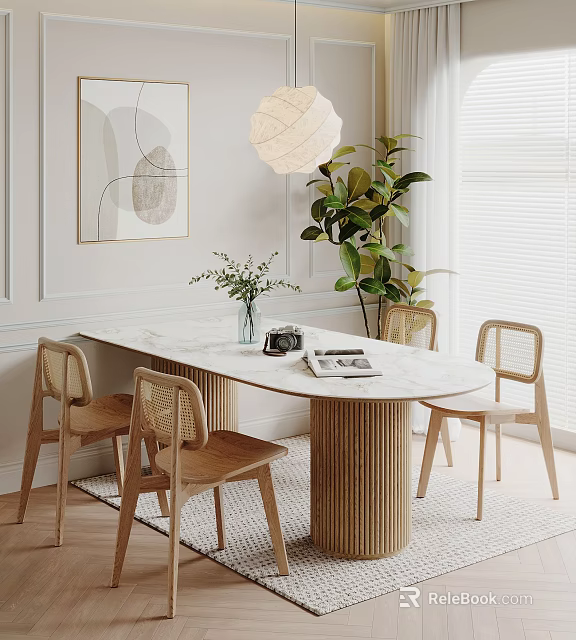 Modern Dining Table Set with Marble Top Wooden Rattan Chairs Green Plant and Pendant Light 3d model 
