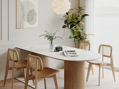 Modern Dining Table Set with Marble Top Wooden Rattan Chairs Green Plant and Pendant Light 3d model