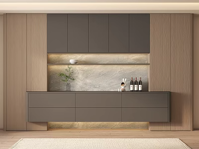 Modern Wine Cabinet Design With Gray Cabinets Wooden Panels LED Lighting And Wine Bottles 3d model