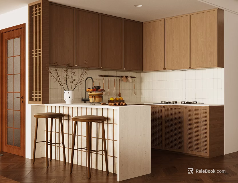Modern Restaurant Interior Design With Wooden Cabinets Island Counter And Bar Stools 3d model 