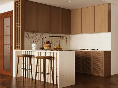 Modern Restaurant Interior Design With Wooden Cabinets Island Counter And Bar Stools 3d model
