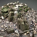 Rugged Rocky Terrain With Scattered Pebbles Green Vegetation Wooden Stakes And Chain