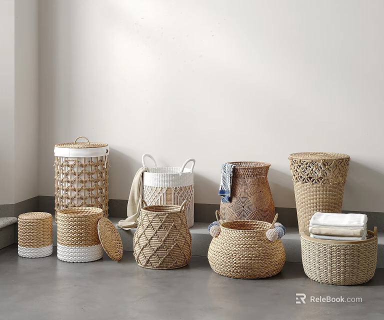 Various Woven Storage Baskets in Different Styles for Home Organization 3d model 