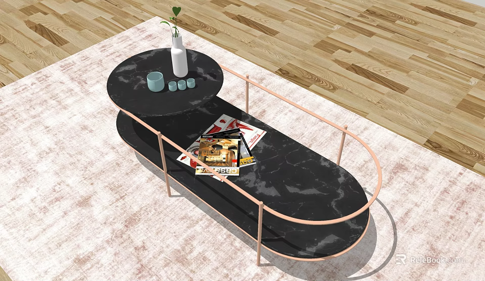 Black Marble Coffee Table with Rose Gold Metal Frame Vase Cups and Magazines 3d model 