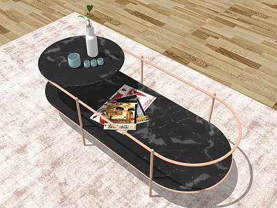 Black Marble Coffee Table with Rose Gold Metal Frame Vase Cups and Magazines 3d model