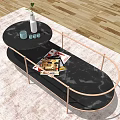 Black Marble Coffee Table with Rose Gold Metal Frame Vase Cups and Magazines