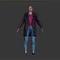 Red Haired Woman In Dark Coat Purple Top Blue Jeans Standing Gray Background