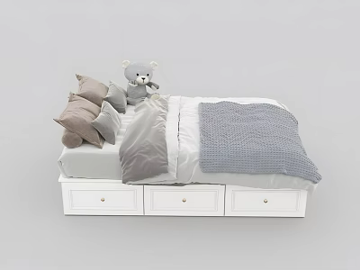 Gray and White Double Bed with Brown Pillows Teddy Bear and Storage Drawers 3d model