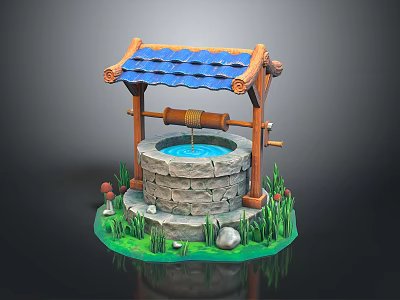 Traditional Scenic Stone Well with Blue Tile Roof Wooden Pulley Green Grass and Small Mushrooms 3d model