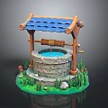 Traditional Scenic Stone Well with Blue Tile Roof Wooden Pulley Green Grass and Small Mushrooms