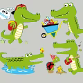 Fun Cartoon Crocodile Silhouettes with School Bag Ball Cart Water Bird Party Hat and Turtle Elements