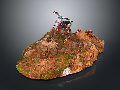 Off Road Motorcycle Parked On Rocky Grass Terrain With Natural Scenery 3d model