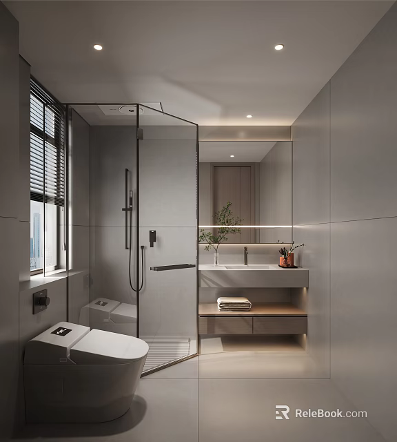 Modern Minimalist Bathroom Interior With Glass Shower Enclosure Toilet Vanity And Mirror 3d model 