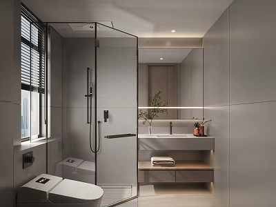 Modern Minimalist Bathroom Interior With Glass Shower Enclosure Toilet Vanity And Mirror 3d model