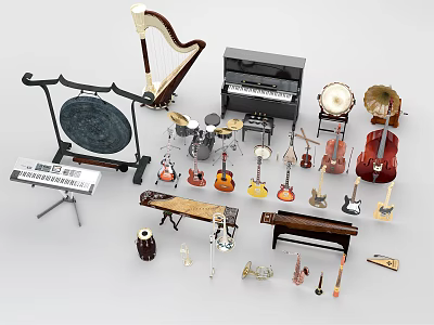 Diverse Musical Instruments Collection Featuring Harp Piano Guitars Violins Drums and Cymbals 3d model