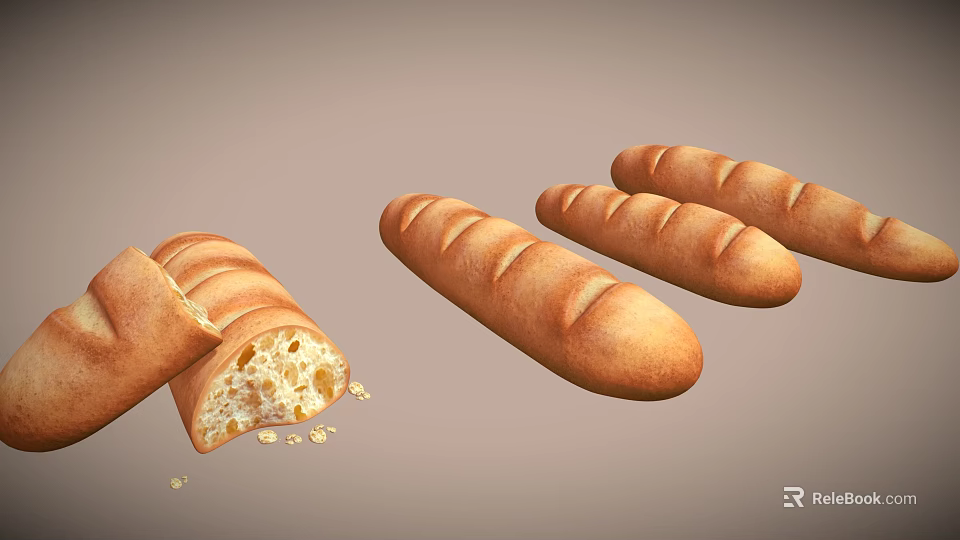 Artisanal Golden Baguettes With Sliced Piece Revealing Soft Crumb And Scattered Crumbs 3d model 
