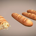 Artisanal Golden Baguettes With Sliced Piece Revealing Soft Crumb And Scattered Crumbs
