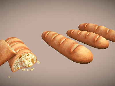 Artisanal Golden Baguettes With Sliced Piece Revealing Soft Crumb And Scattered Crumbs 3d model