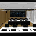 Modern Conference Room With Round Table Black Chairs Wooden Walls White Curtains And Ceiling Lighting