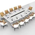 Modern Conference Table With White Chairs Water Bottles And Laptop Setup