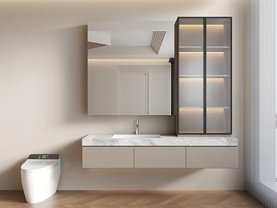 Modern Bathroom With Wall Mounted Vanity Large Mirror Lighted Cabinet Light Walls And Wooden Floor 3d model