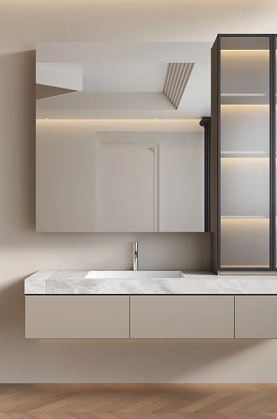 Modern Bathroom With Wall Mounted Vanity Large Mirror Lighted Cabinet Light Walls And Wooden Floor 3d model
