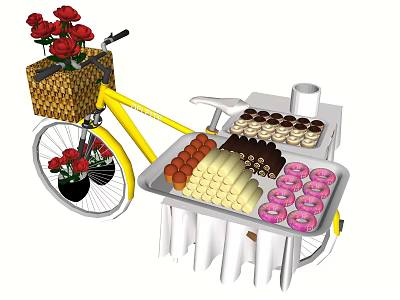 Yellow Bicycle With Red Roses Basket And Tray Of Various Delicious Donuts 3d model