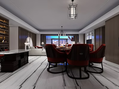 Modern Dining and Living Room Interior With Chandelier Red Chairs Sofa and Large Windows 3d model