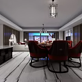 Modern Dining and Living Room Interior With Chandelier Red Chairs Sofa and Large Windows
