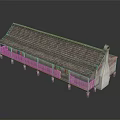 Cartoon Scene Of Long Building With Brown Tiled Roof And White Railings