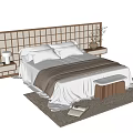Modern Double Bed With Wooden Grid Headboard White Sheets And Gray Blanket