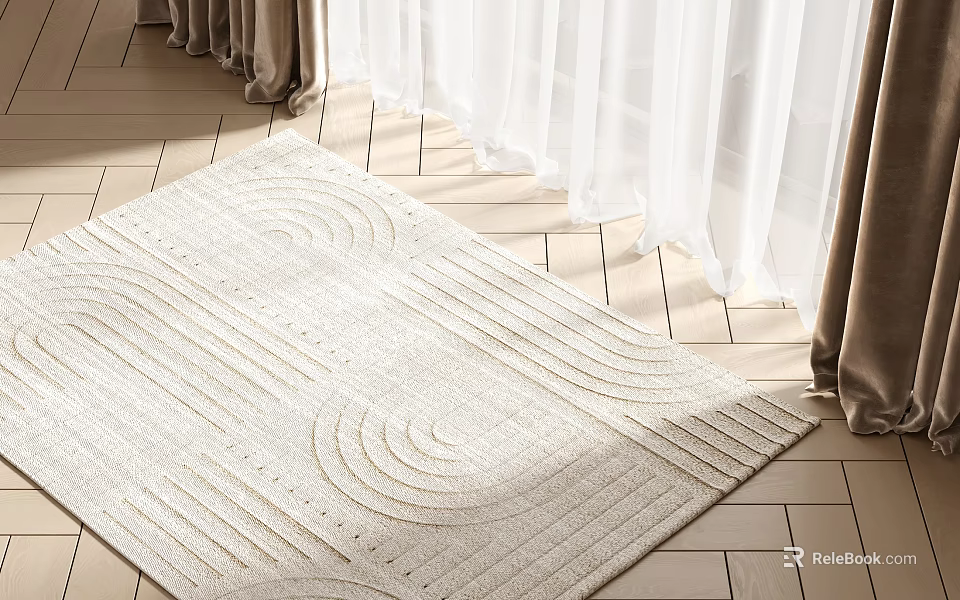 Cream Square Rug With Wavy Patterns On Wooden Floor By White Curtains In Natural Light 3d model 