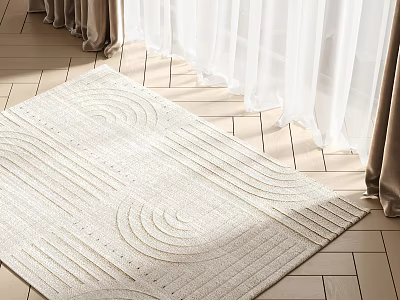 Cream Square Rug With Wavy Patterns On Wooden Floor By White Curtains In Natural Light 3d model