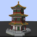 Traditional Ancient Chinese Tower With Yellow Roof Green Windows Red Pillars And White Base