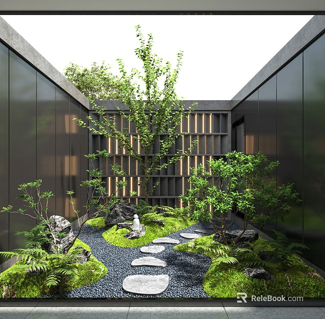 Serene Courtyard Garden With Black Walls Wooden Lattice Stone Path Green Plants And Rocks 3d model 